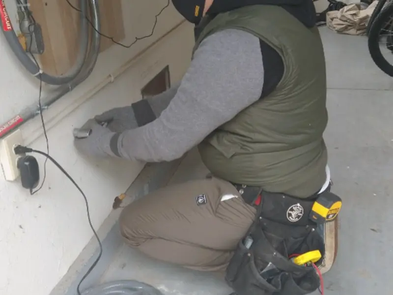Electrician performing outlet wiring in a Bennettsville garage